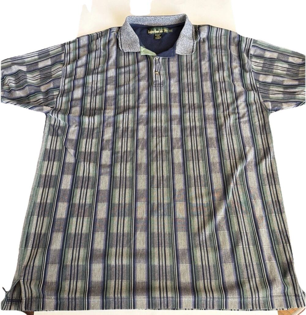 Vintage Knights of Round Table Mens Sz Tall 3XL Polo Vertical Stripes Green Blue